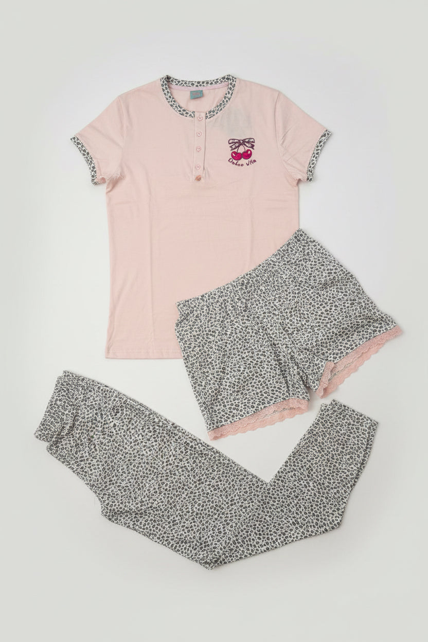 Pigiama Donna 3 pezzi in cotone "Dolce Vita" con Fantasia Leopardata e Dettagli in Pizzo - IRGE Fashion