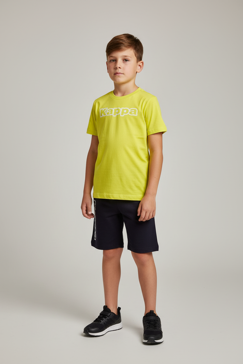 Completo Bambino T-shirt lime + bermuda blu KAPPA - Taglia 7 anni