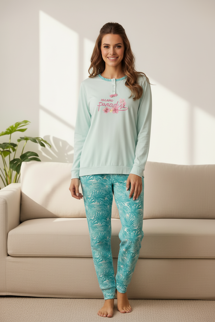 Pigiama donna fantasia tropicale in jersey di cotone IRGE - Taglia XXL