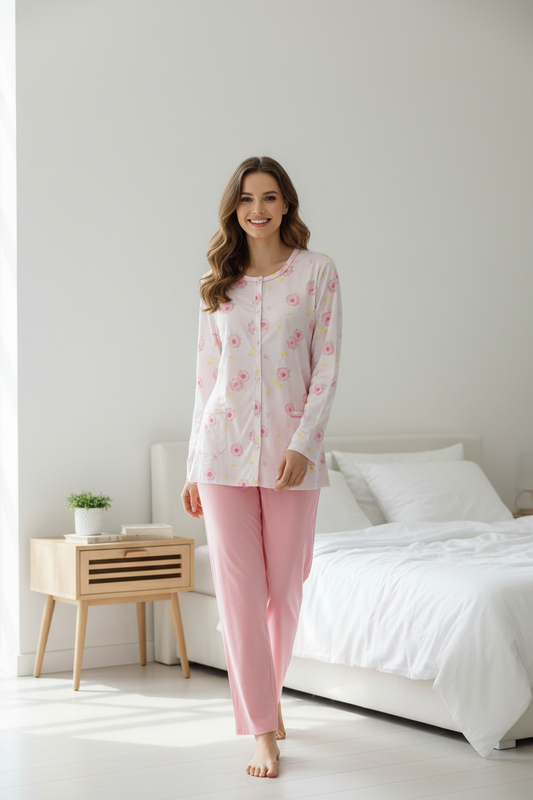 Pigiama donna manica lunga aperto in jersey cotone LINCLALOR - Taglie 56 e 58