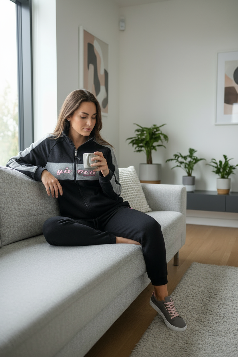 Tuta Donna in felpa Modello Nero con Banda Logo con zip - GIVOVA