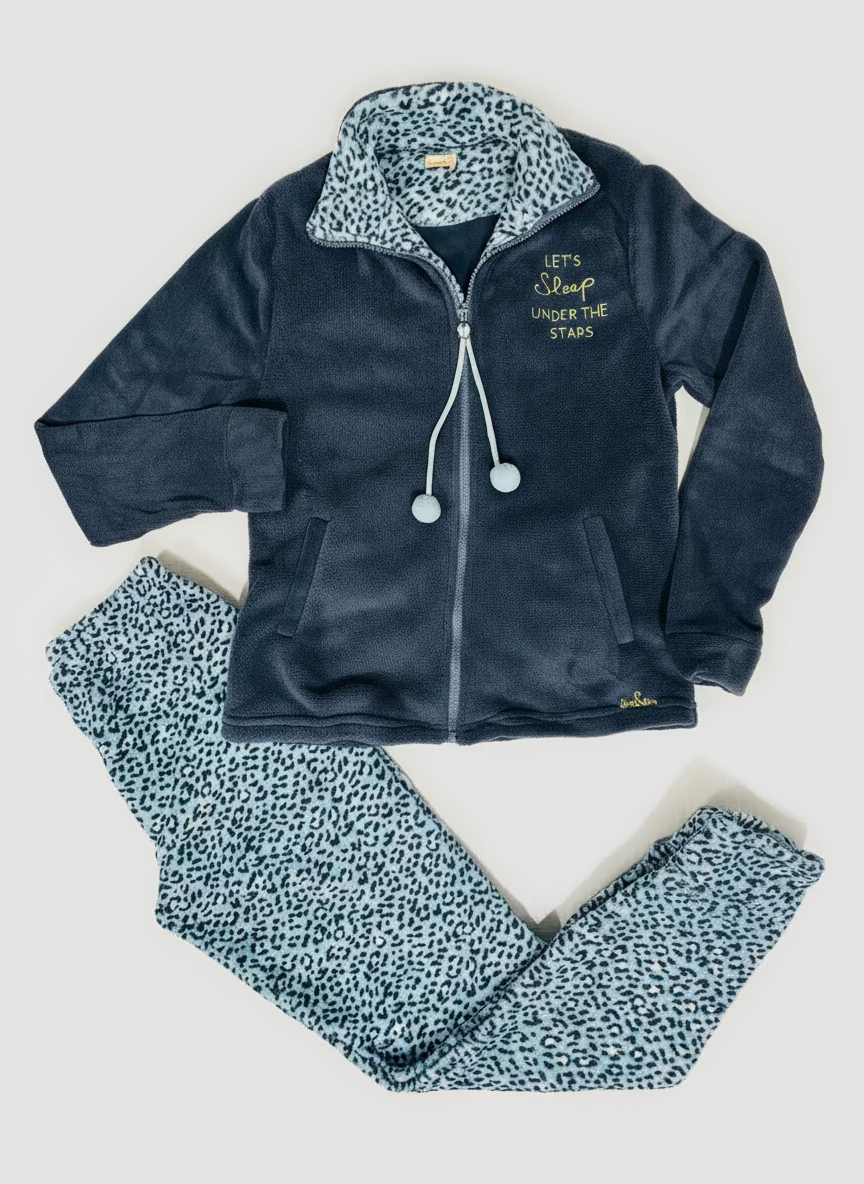 Pigiama donna in coral blu granito con zip e pantalone animalier YOU&ME
