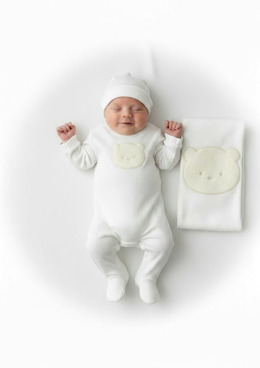 Set Nascita 3 Pezzi, copertina + Tutina + Cappellino, in Puro Cotone NAZARENO GABRIELLI