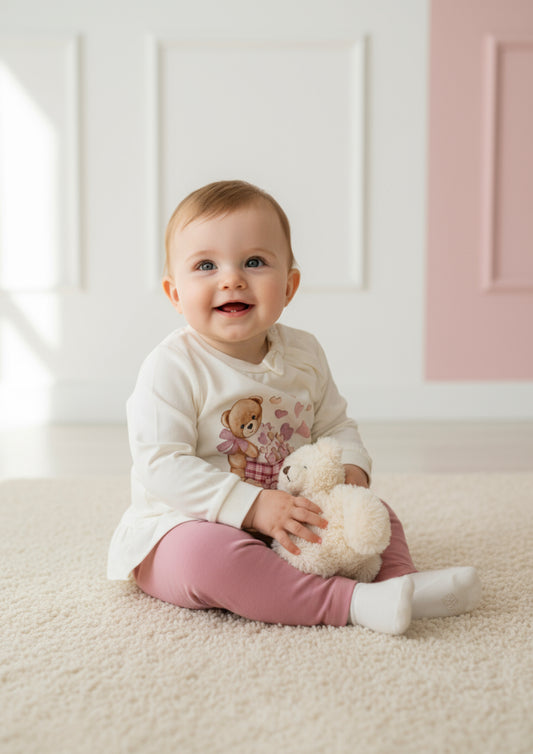 Completino neonata in caldo cotone maglia bianca + leggins cipria LOLLITOP - Taglia 6/9 mesi