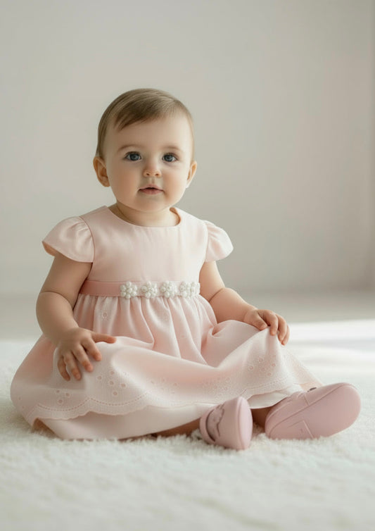 Abito neonata in pizzo Sangallo rosa cipria + cardigan corto tricot LOLLITOP