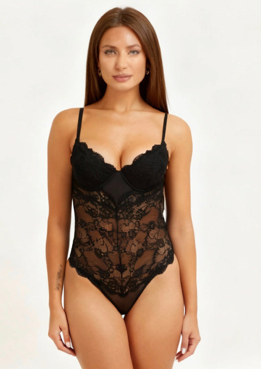 Body push up imbottito con ferretto in pizzo, merletto e tulle GUESS