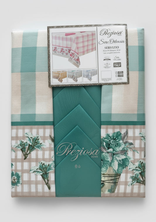 Servizio da tavola in rasatello stampato con tovaglioli tinta unita 18 posti PREZIOSA