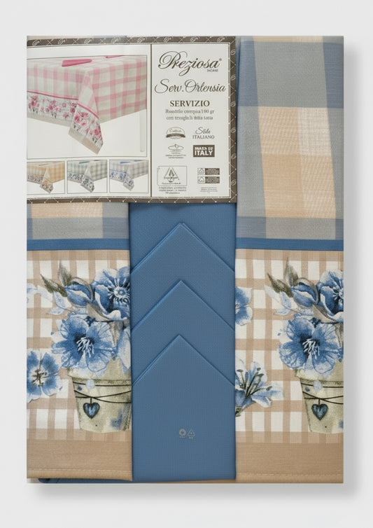 Servizio da tavola in rasatello stampato con tovaglioli tinta unita 12 posti PREZIOSA