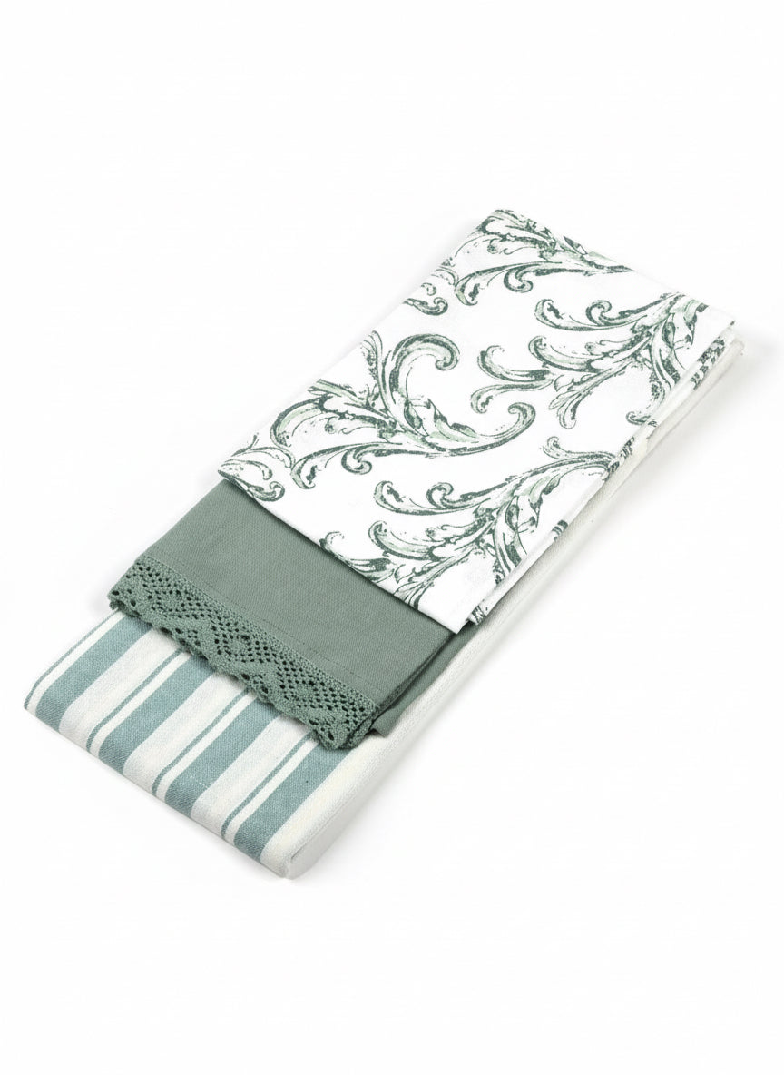 Tris Strofinacci Set Calisè Spigati con Merletto PREZIOSA