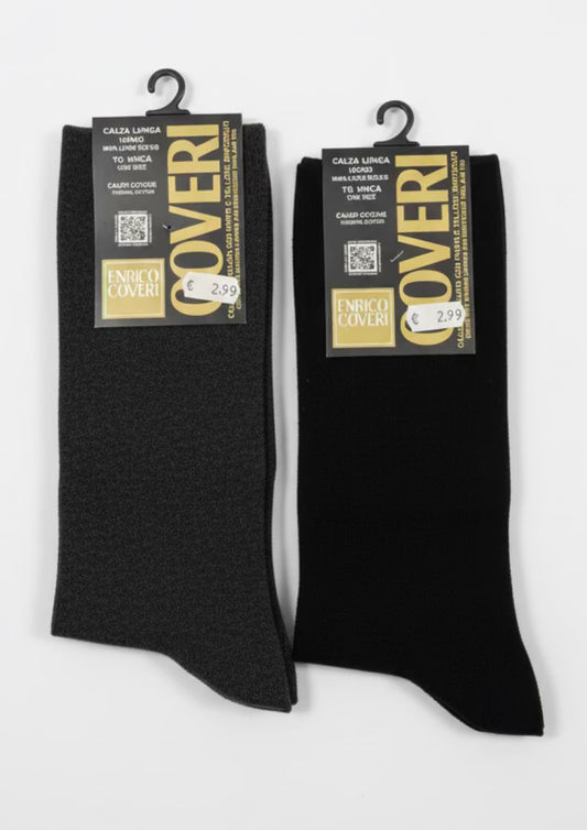 2 paio di Calze Lunghe Uomo Caldo Cotone Tinta Unita Nero e Grigio - ENRICO COVERI