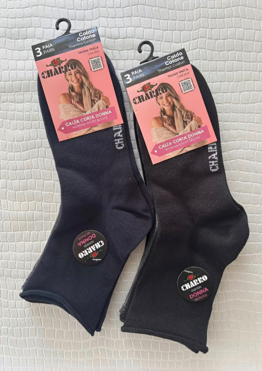 Tripack Calza Corta Donna Smollata in Caldo cotone Tinta unita assortito CHARRO