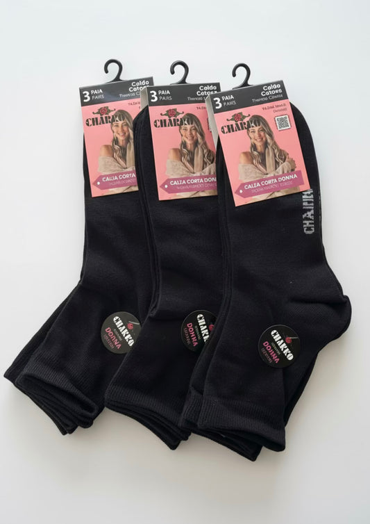 Tripack Calza Corta Donna in Caldo cotone Tinta unita nero CHARRO
