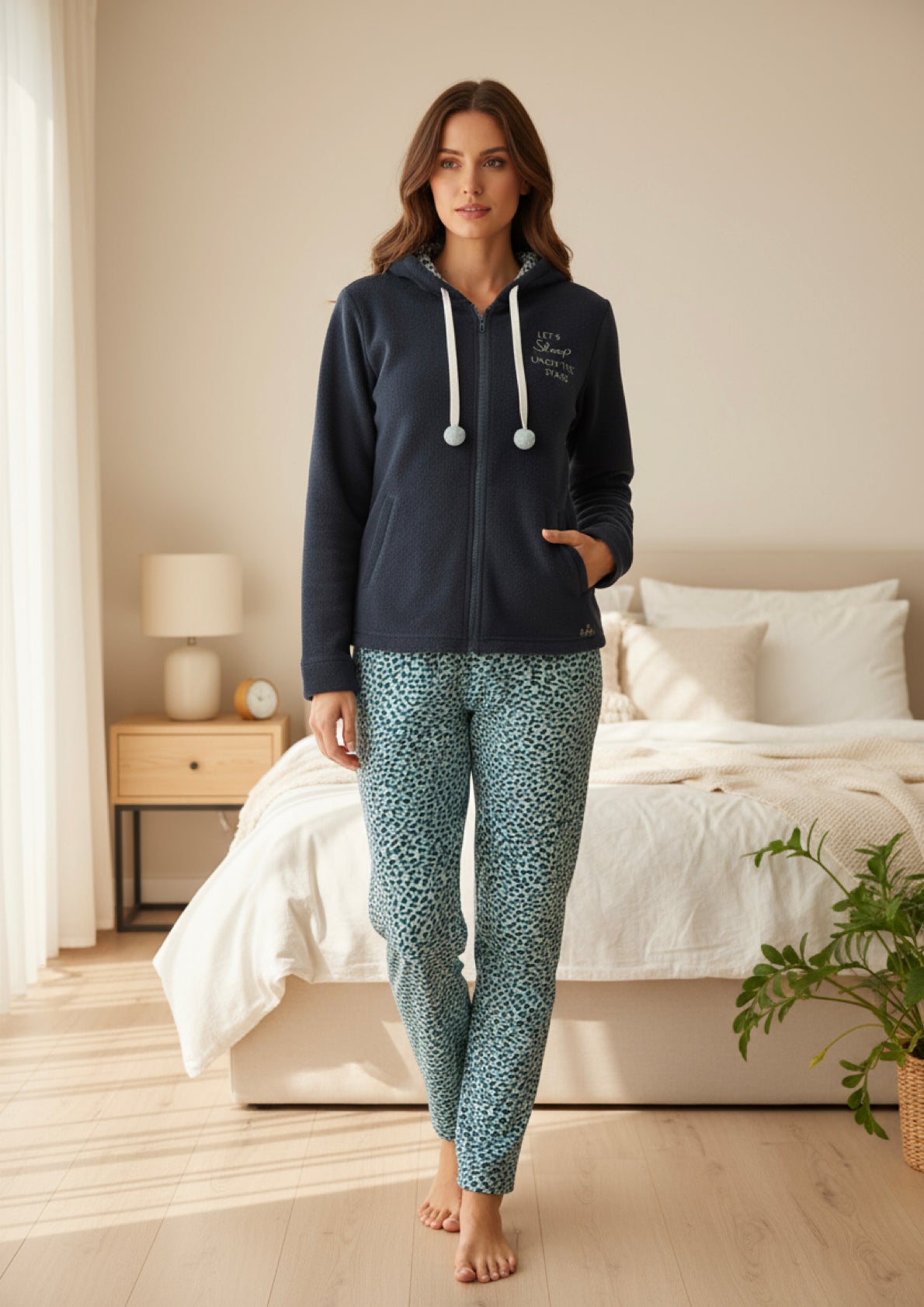 Pigiama donna in coral blu granito con zip e pantalone animalier YOU&ME