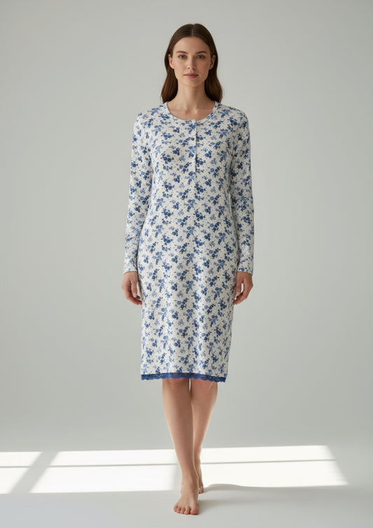 Camicia da notte donna Interlock fantasia floreale blu con pizzo BACI DI NOTTE - Taglia S