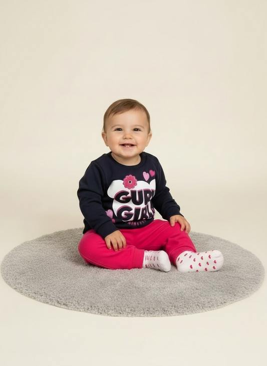 Tuta in felpa di cotone neonata blu e fucsia GURU - Taglia 6/9 mesi