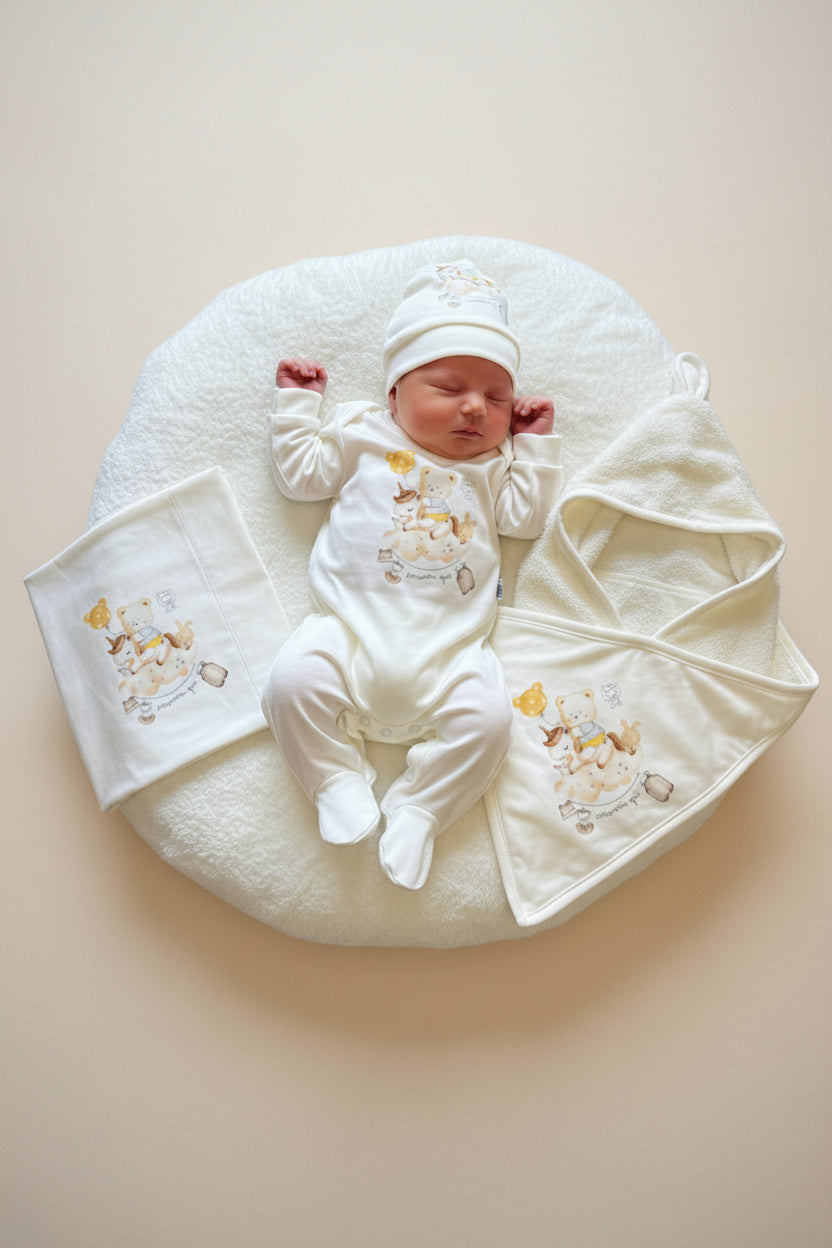 Set Nascita Neonata coordinato fantasia “Unicorno con Orsetti” 4 pezzi, in cotone: tutina, cappellino, accappatoio a triangolo e completo lenzuolo culla CILIEGINA