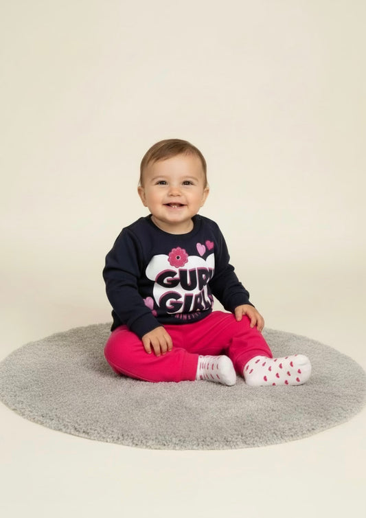 Tuta in felpa di cotone neonata blu e fucsia GURU - Taglia 6/9 mesi