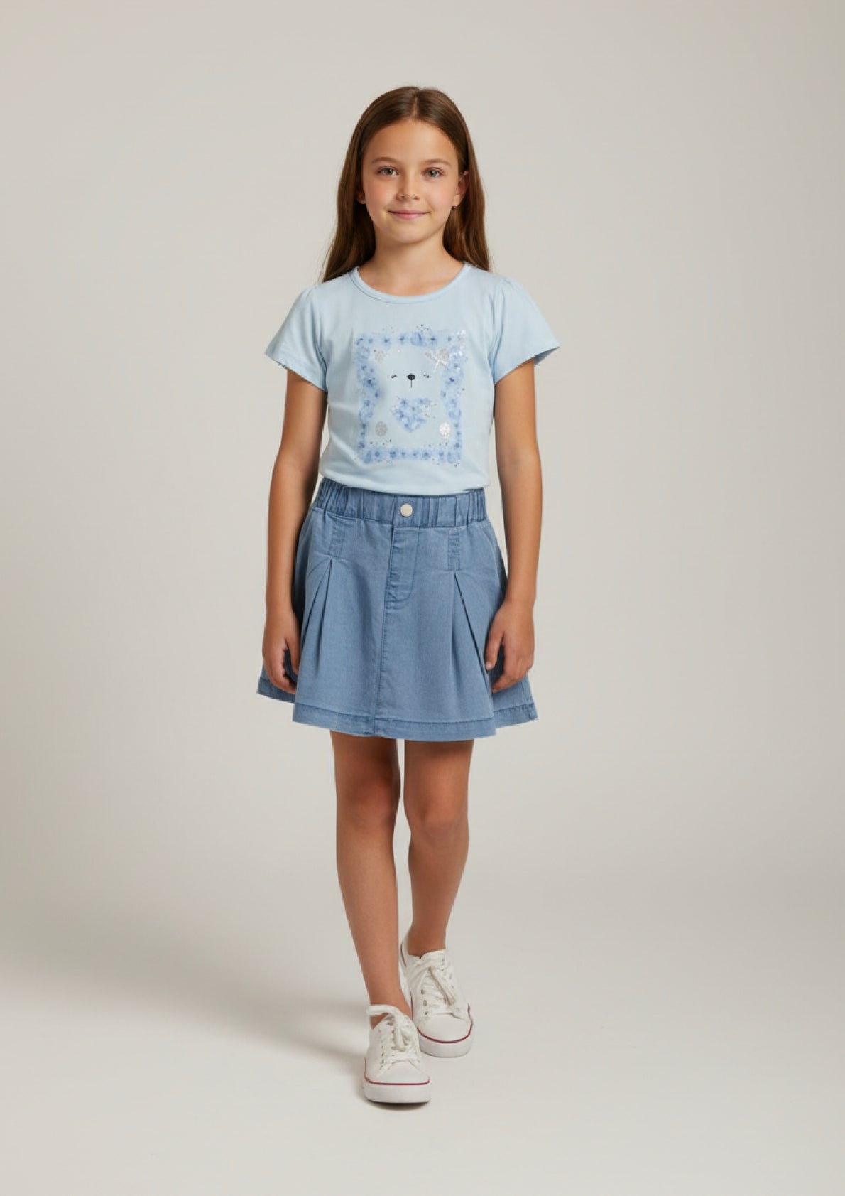 Completo bambina T-shirt con stampa orsetto e gonna in denim MISS IMAGE - Taglia 8 anni