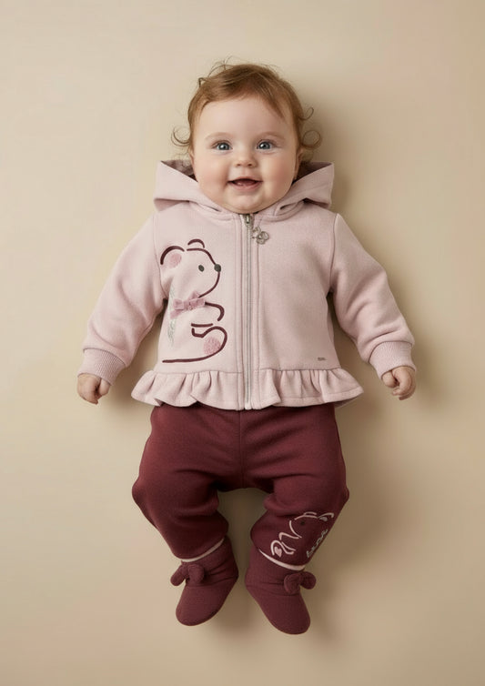 Completino neonata in felpa Rosa cipria e bordeaux con ricamo orsetto - Taglia 3/6 mesi