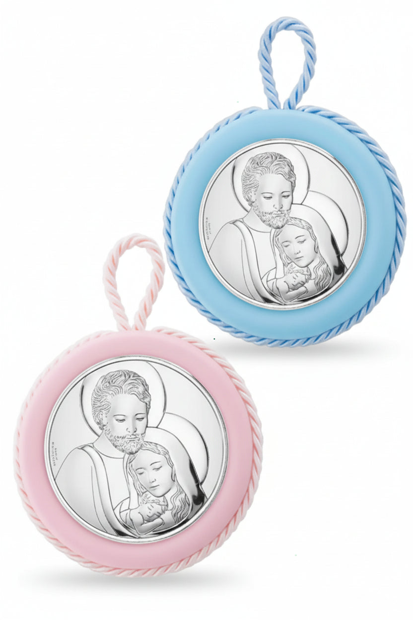 Medaglione Sacra Famiglia in pelle con lamina in argento VALENTI