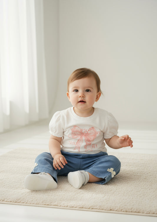 T-shirt a maniche corte stampata con jeans a zampa con fiocchetti LOLLITOP - Taglia 6/9 mesi