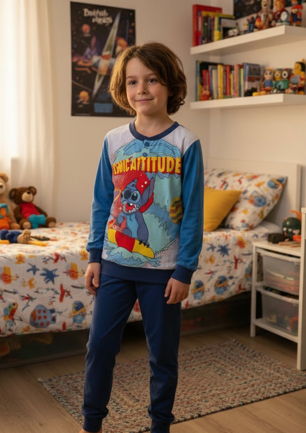 Pigiama Bambino manica lunga serafino in Jersey di Cotone Ellepi Stitch DISNEY - Taglia 6 anni