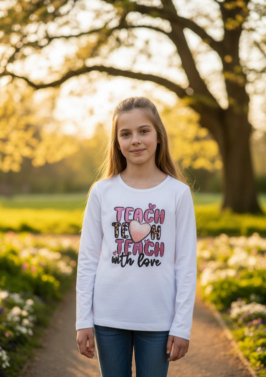 T-shirt Bambina manica lunga  in jersey di cotone stampata con strass - Taglie 8 e 10 anni