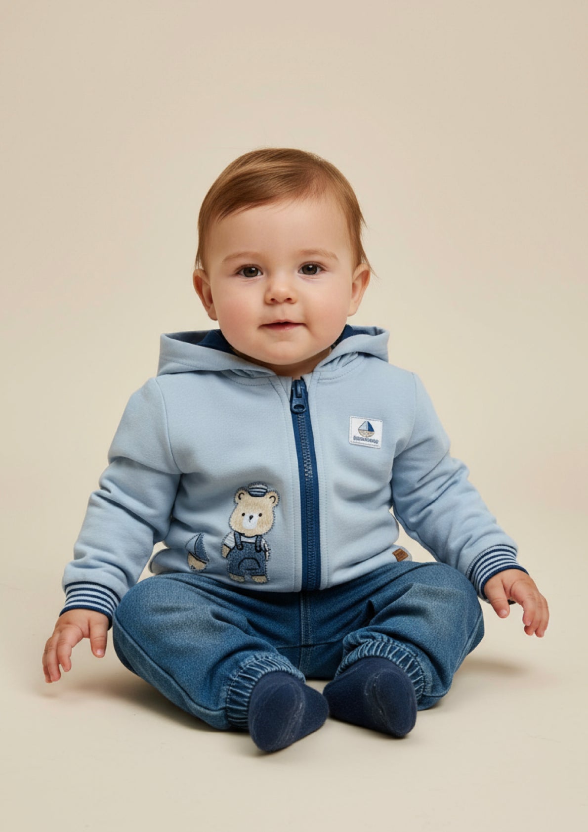 Completo Neonato 2 pezzi maglia in cotone garzato con zip e cappuccio + Jeans STELLE&PUPI - Taglia 6/9 mesi