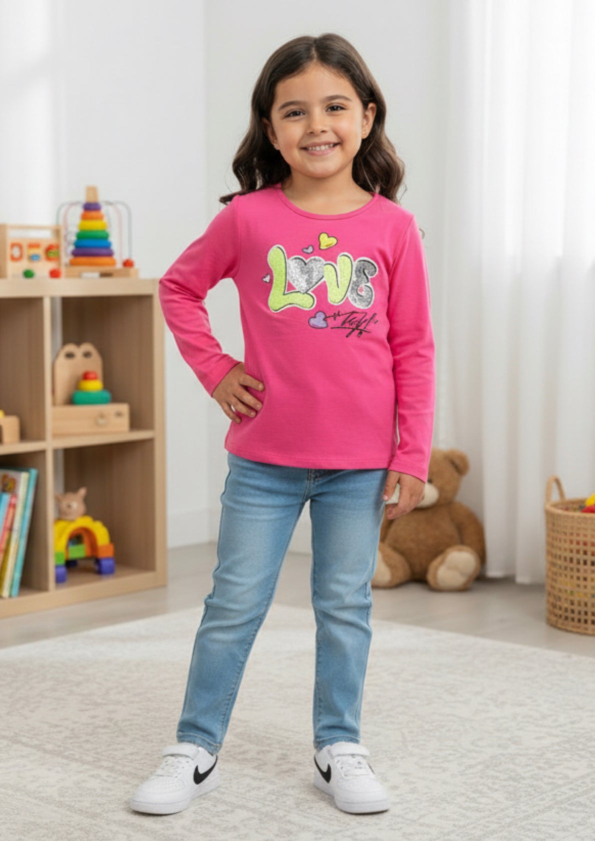 T-shirt Bambina manica lunga  in jersey di cotone con paillettes multicolor - Taglia 10 anni