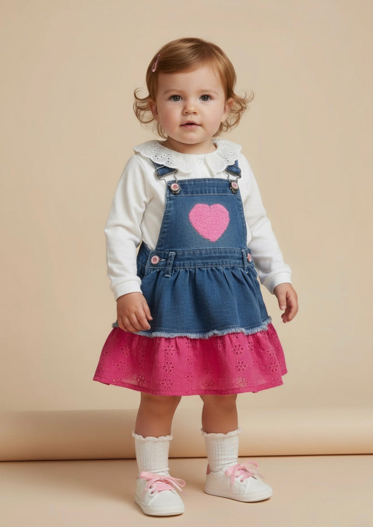 Completo gonna salopette e maglietta maniche lunghe jeans e pizzo Sangallo LOLLITOP - Taglia 12/18 mesi
