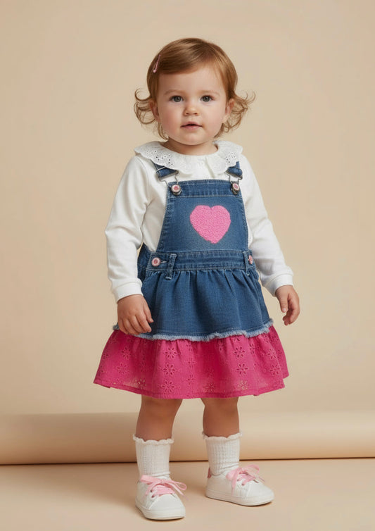 Completo gonna salopette e maglietta maniche lunghe jeans e pizzo Sangallo LOLLITOP - Taglia 12/18 mesi