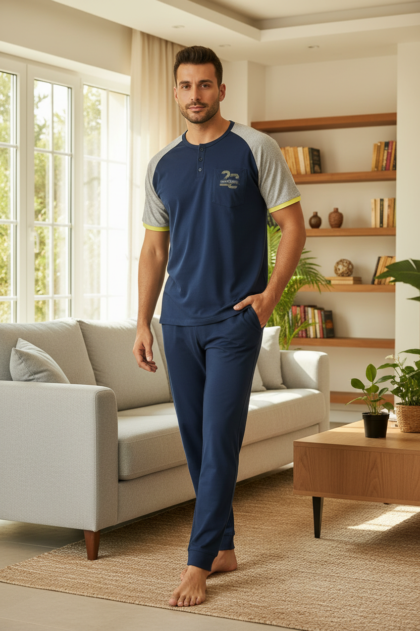 Pigiama Uomo 3 Pezzi con T-shirt Serafino, Pantalone Lungo e Bermuda Blu/Grigio KARELPIU’ - Taglia 54