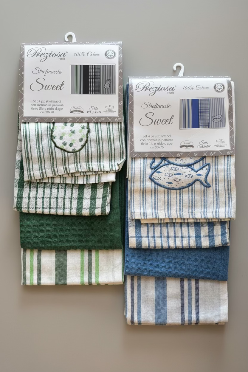 Set 4 Strofinacci "Sweet" con ricamo in panama tinto filo e nido d'ape - PREZIOSA