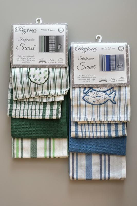 Set 4 Strofinacci "Sweet" con ricamo in panama tinto filo e nido d'ape - PREZIOSA
