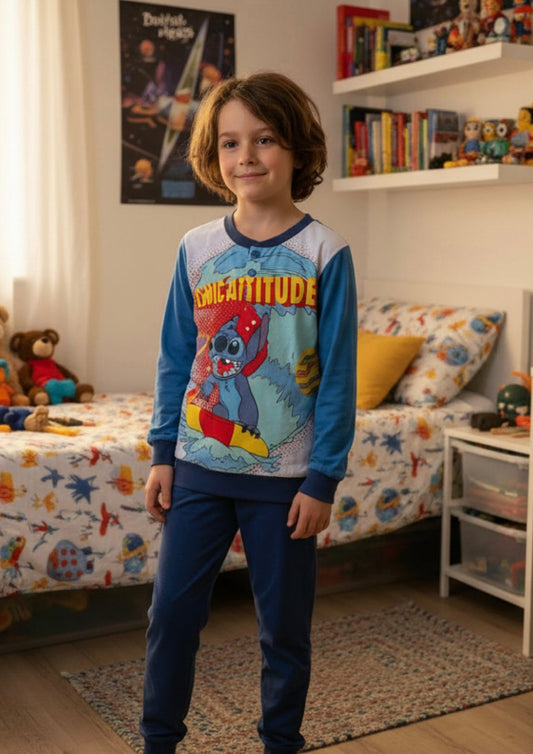 Pigiama Bambino manica lunga serafino in Jersey di Cotone Ellepi Stitch DISNEY - Taglia 6 anni