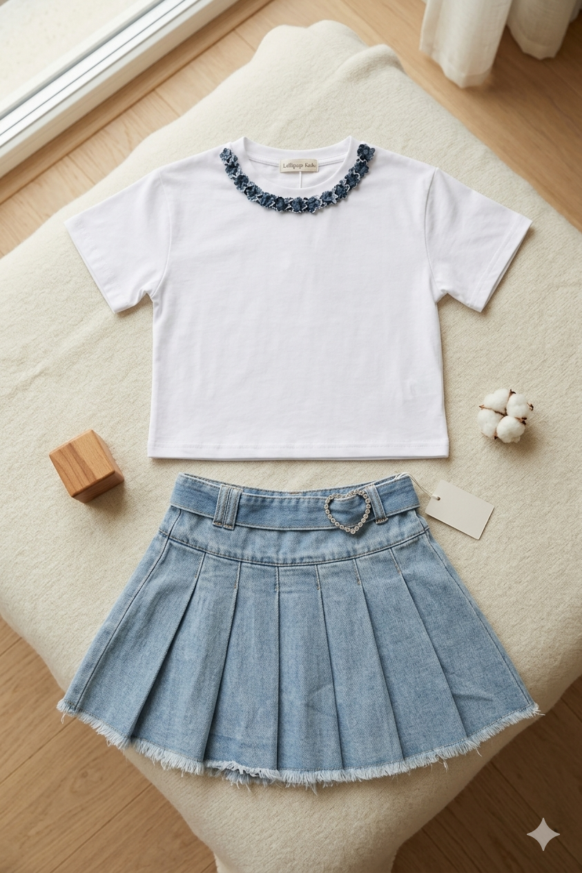 Completo Bambina Trendy: T-shirt Crop con Ricamo e Gonna a Pieghe in Denim