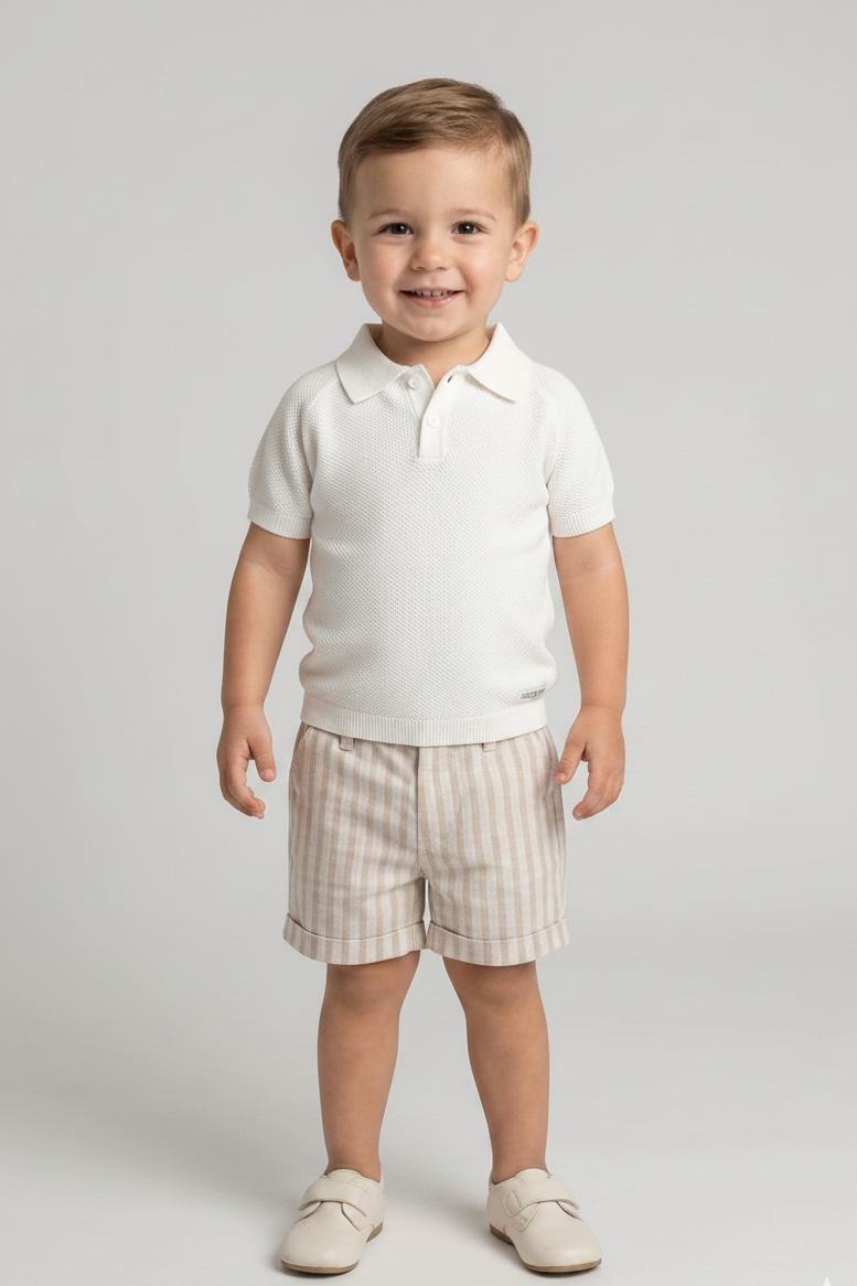 Completo Neonato Polo Bianca e Bermuda Beige a righe STELLE&PUPI