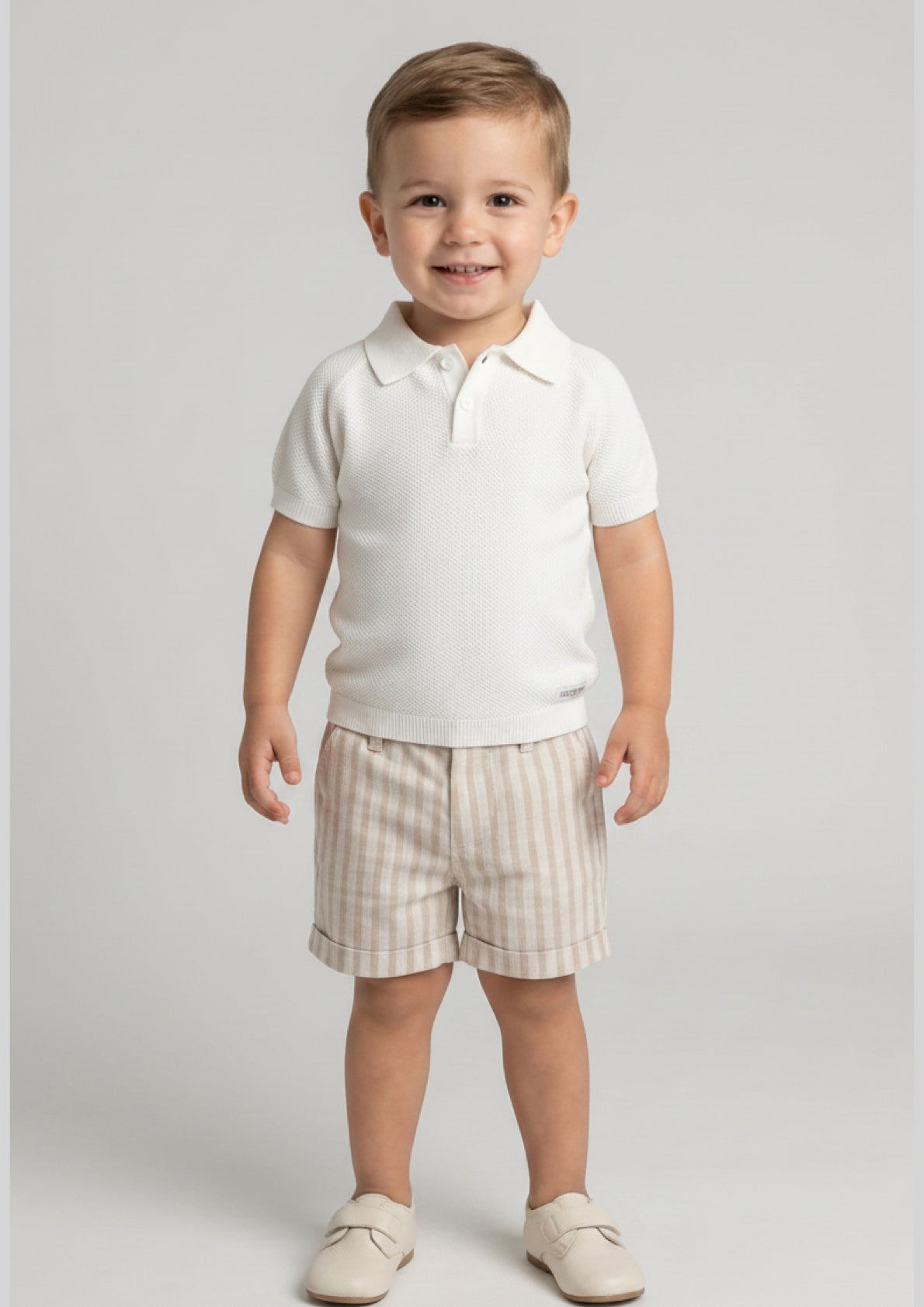 Completo Neonato Polo Bianca e Bermuda Beige a righe STELLE&PUPI