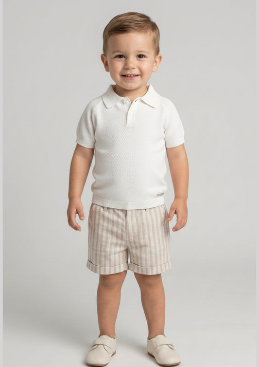 Completo Neonato Polo Bianca e Bermuda Beige a righe STELLE&PUPI