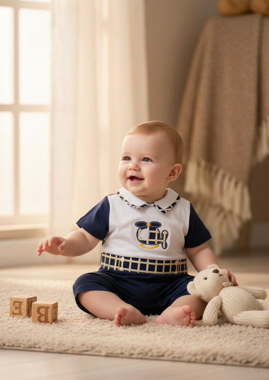 Pagliaccetto neonato effetto maglietta bianca e pantaloncino blu Navy con dettagli a quadri – LES JOLIES - Taglia 6/9 mesi