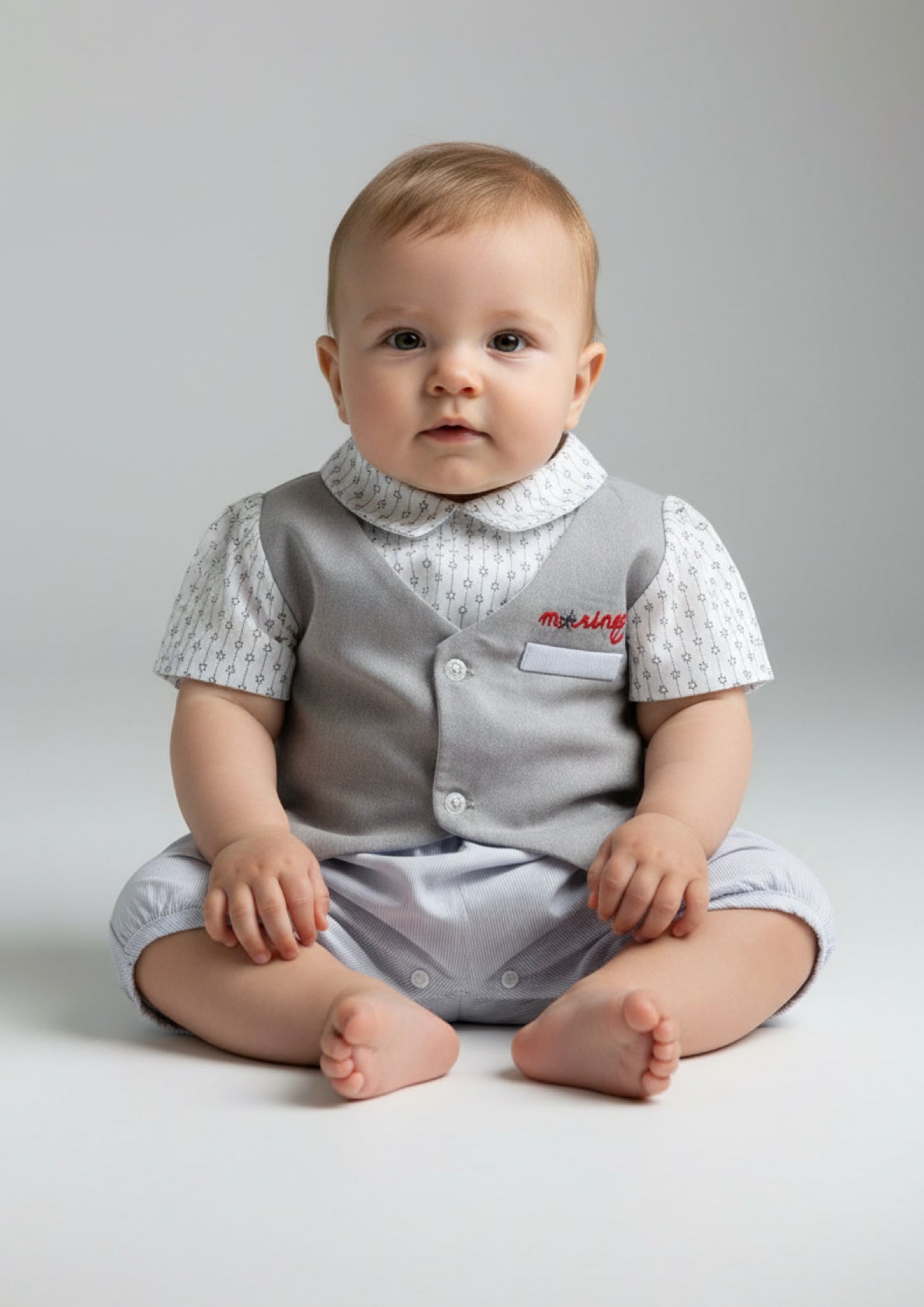 Pagliaccetto elegante neonato effetto gilet grigio e pantaloncino a righe – NAZARENO GABRIELLI - Taglia 6/9 mesi