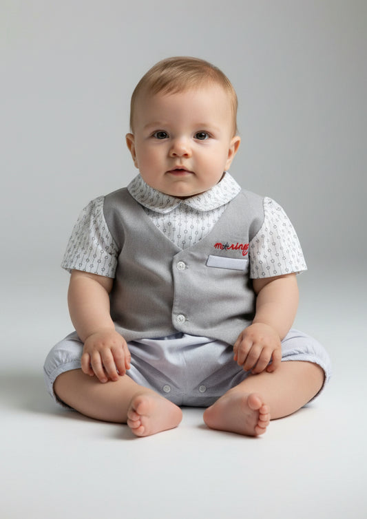 Pagliaccetto elegante neonato effetto gilet grigio e pantaloncino a righe – NAZARENO GABRIELLI - Taglia 6/9 mesi