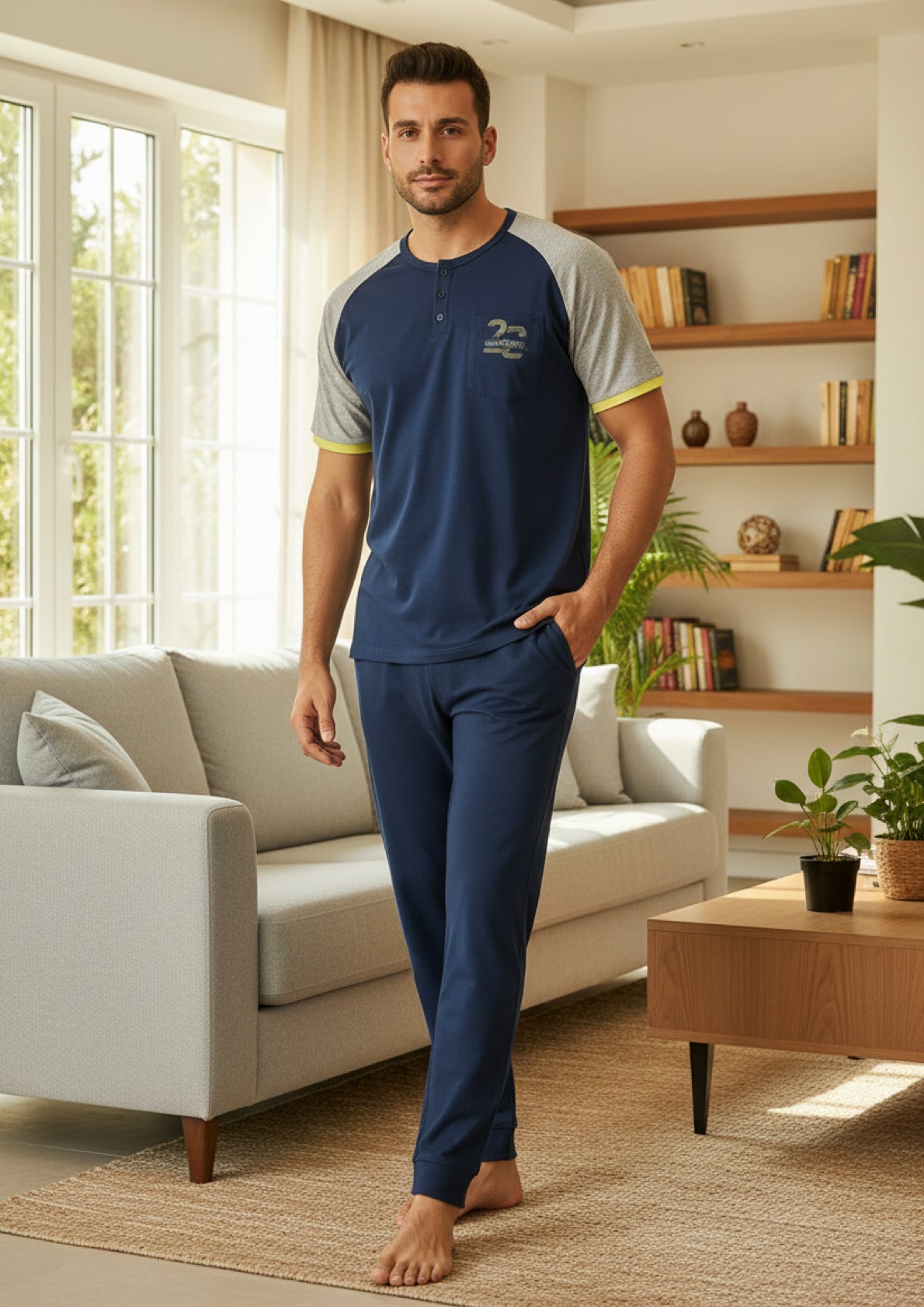 Pigiama Uomo 3 Pezzi con T-shirt Serafino, Pantalone Lungo e Bermuda Blu/Grigio KARELPIU’ - Taglia 54