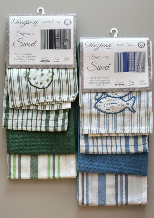 Set 4 Strofinacci "Sweet" con ricamo in panama tinto filo e nido d'ape - PREZIOSA
