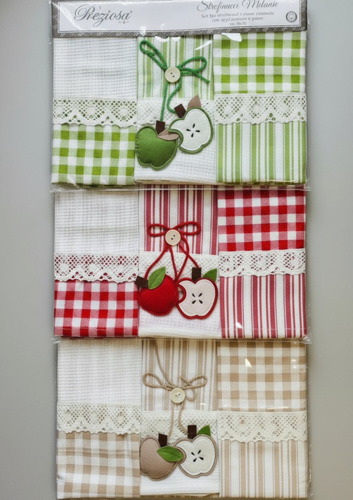 Set 3 pezzi strofinacci nidone ricamato con applicazione e pizzo PREZIOSA