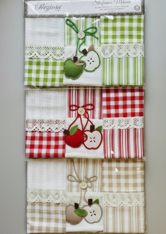 Set 3 pezzi strofinacci nidone ricamato con applicazione e pizzo PREZIOSA