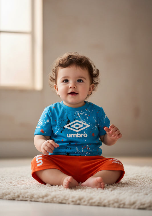 Completo neonato Maglia azzurra e bermuda arancione UMBRO