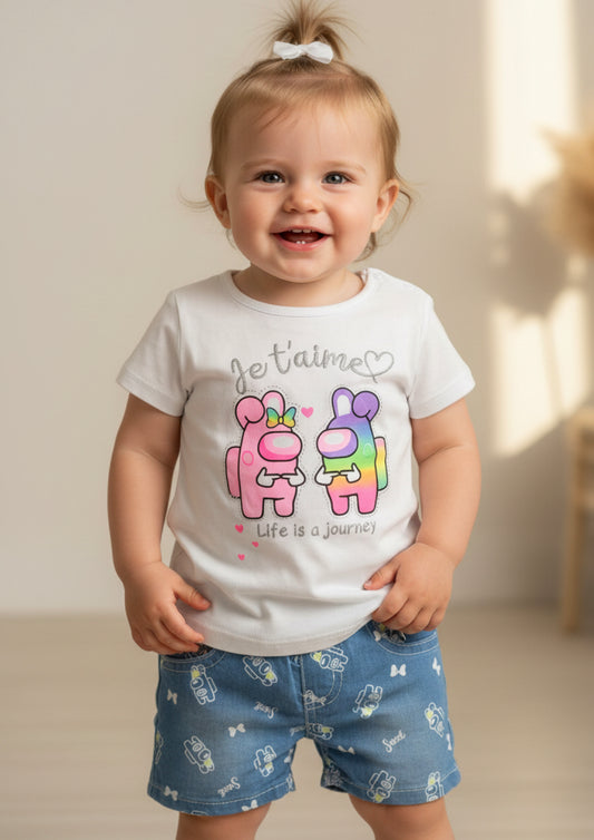 Completo Estivo Neonata "Je t'aime" T-shirt e Pantaloncini Denim a Fantasia