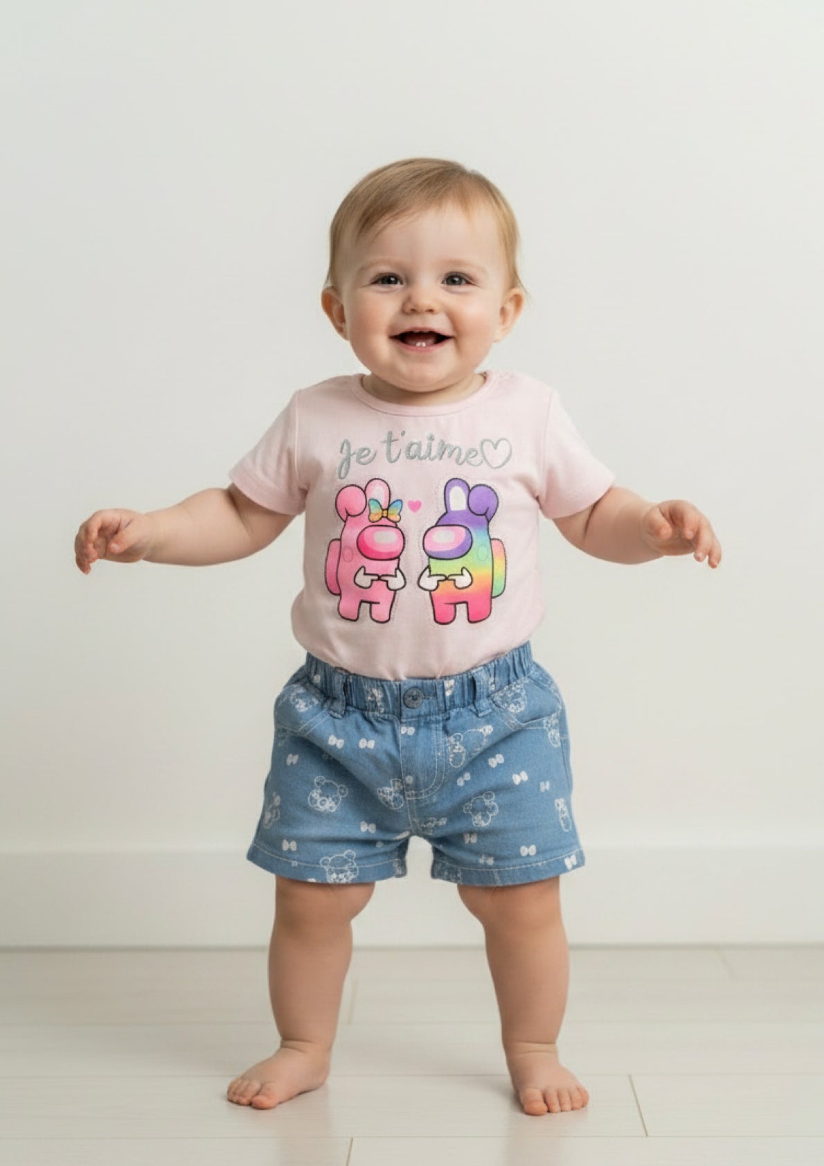 Completo Estivo Neonata "Je t'aime" T-shirt e Pantaloncini Denim a Fantasia