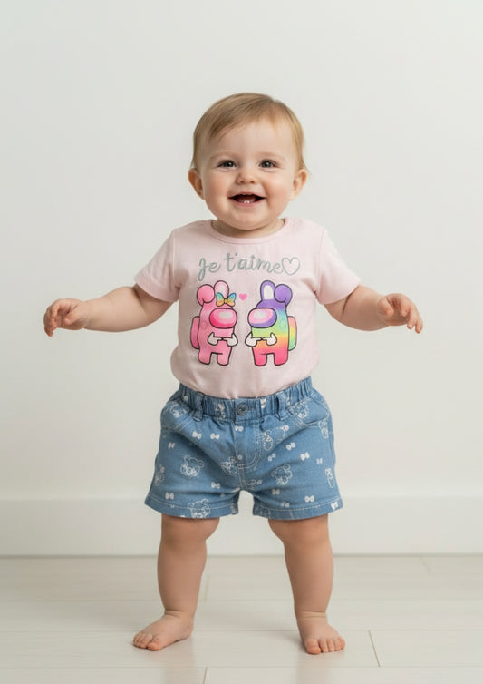 Completo Estivo Neonata "Je t'aime" T-shirt e Pantaloncini Denim a Fantasia